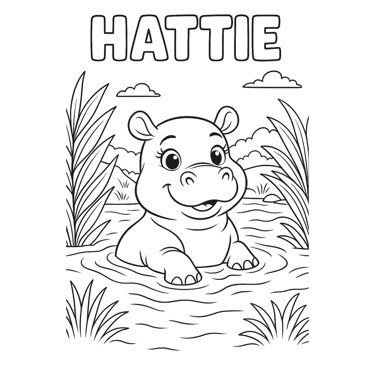 Hattie the Hippo colouring page - free jungle printable for kids