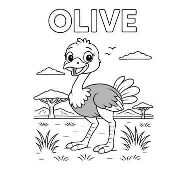 Olive the Ostrich colouring page - free jungle printable for kids