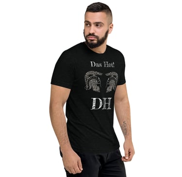 Man in black Das hot T-shirt graphic roman helmets front view