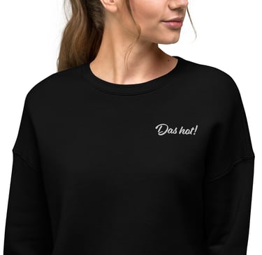 Woman in black Das hot embroidered white letters from view 