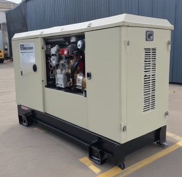 A large industrial space with massive machinery, including engines and generators. Two workers are operating and maintaining the equipment on a checkered floor under a high ceiling with steel beams.