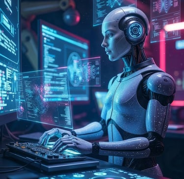 A futuristic white humanoid robot typing on a keyboard while analyzing digital data on holographic displays.