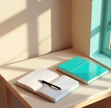 Cuaderno abierto con bolígrafo y libreta turquesa en mesa junto a ventana iluminada con luz natural