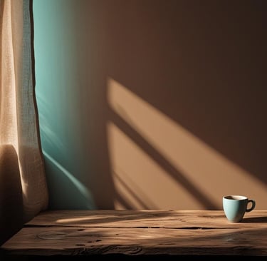 Taza de café en mesa de madera con sombras largas y cortina beige, ambiente sereno y reflexivo