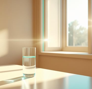Vaso de agua sobre mesa de madera iluminada por luz natural suave entrando desde una ventana