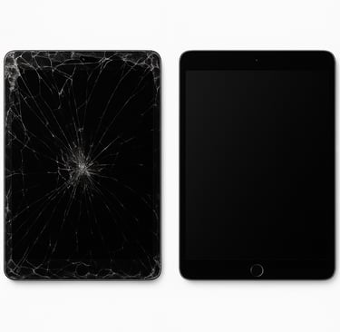 A picture of a broken iPad to the left, and a picture of a fixed iPad to the right