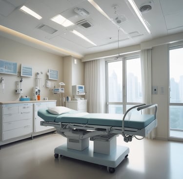 A hospital building with an entrance sign indicating various departments such as ICU, CCU, Cath Lab, Paediatrics, Nursery, Stroke Unit, Dialysis, and Blood Bank. The building has a beige facade with multiple stories and several windows. There are various signs with red and blue lettering highlighting emergency services and 24/7 inpatient care.