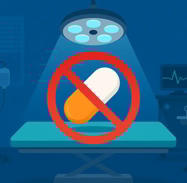Operating room illustration with ibuprofen pill under surgical light crossed out with red sign.
