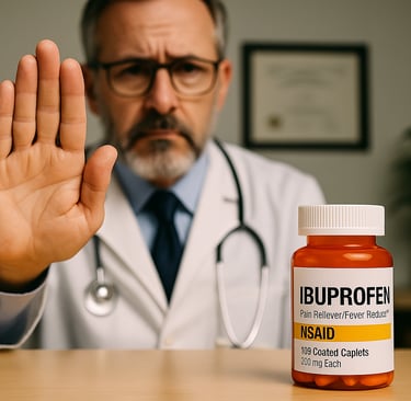 Doctor holding up hand in a stop gesture with an ibuprofen bottle on the desk.