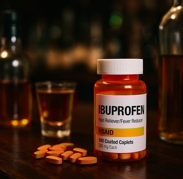 Ibuprofen pill bottle with tablets on a bar counter next to whiskey and alcohol bottles, highlighting dangerous mix risks.