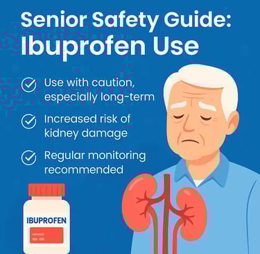 Senior safety guide infographic showing ibuprofen use tips and kidney health warning in a medical-style design