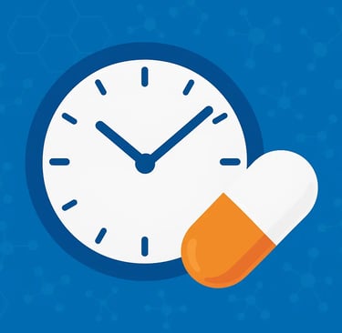 Illustration of a clock and ibuprofen pill symbolizing timing of medication effects