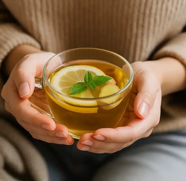 Holding a cup of herbal tea with ginger and lemon, symbolizing natural healing & soothing alternatives to ibuprofen.