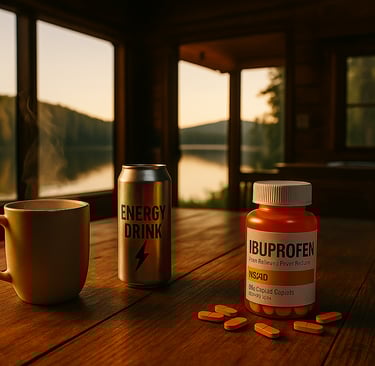 Coffee and energy drink opposite ibuprofen pills on a cabin table with lake view in morning light.
