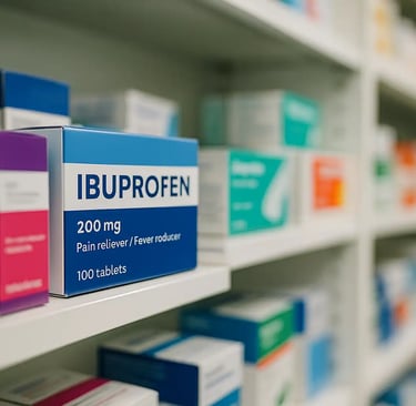 Ibuprofen medication box on pharmacy shelf for pain relief, inflammation & fever reduction – over the counter NSAID display