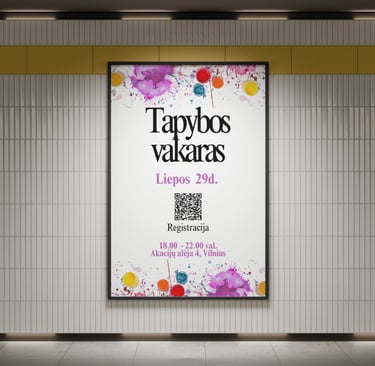 Renginio plakatas tapybos vakarui su spalvingomis detalėmis ir QR kodu registracijai.