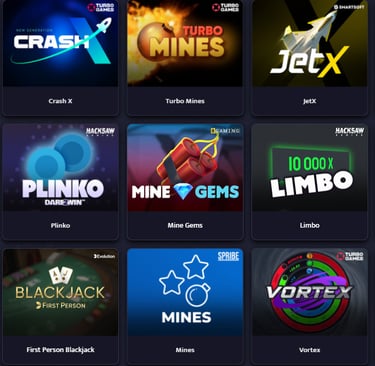 A dimly lit casino with several rows of slot machines, some displaying bright graphics and lights. T