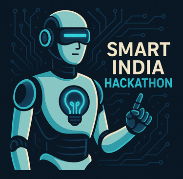 Smart India Hackathon illustration with humanoid robot, glowing circuits, and lightbulb symbol, prom