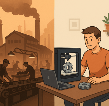 an image showing the evolution of item production from large scale factories to 3D printing