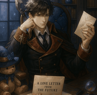 Main character from A Love Letter from the Future reading a mysterious love letter in a dark fantasy