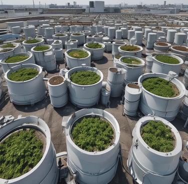 Rows of industrial air conditioning units are arranged on a rooftop, each featuring large fans housed in square metal enclosures. The units are aligned in a grid pattern, set against a background of a fenced area with an expansive flat surface.