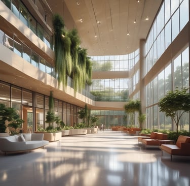 A modern architectural design featuring a multi-level building with geometric lines and contrasting colors. The facade is composed of white, red, and blue panels, creating a striking visual. Multiple windows punctuate the surface and a narrow, shadowy corridor extends inward.