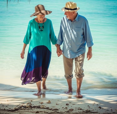 Elderly couple walking barefoot on the beach