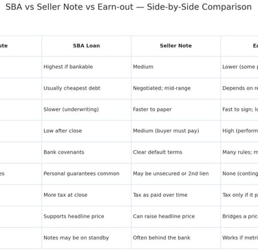 SBA, seller note, earn-out attributes compared in one chart