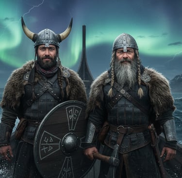 Two Viking warriors in traditional armor standing on a longship under the northern lights.
