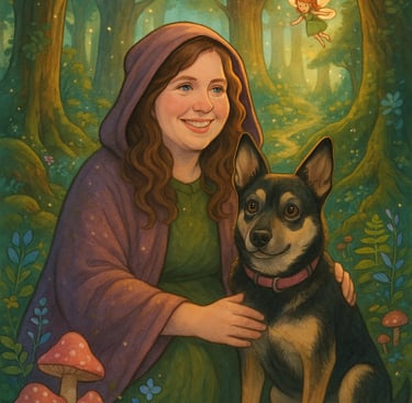 Whimsical illustration of woman with corgi dog in magical fairy forest with mushrooms and mystical w
