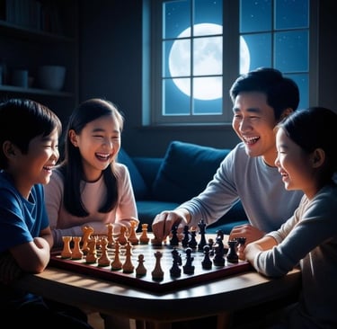 bố mẹ con cái chơi cờ vua cười vui trong giờ trái đất