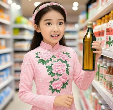 cô bé cầm chai dầu lạc nguyên chất