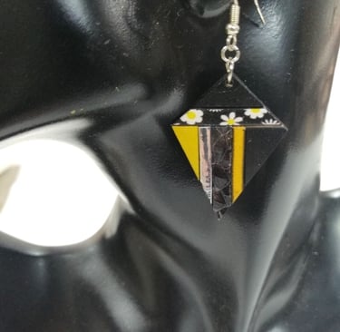 a pair of earrings with a yellow and black diamond
