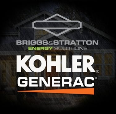 Logos for Briggs Stratton, Kohler and Generac with a house lite up during a rain storm