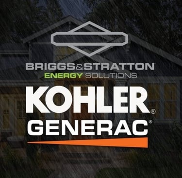 Logos for Briggs Stratton, Kohler and Generac with a house lite up during a rain storm