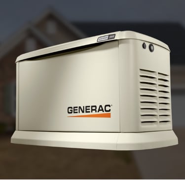 Home generac standby generator with a blurred image of a house in the background