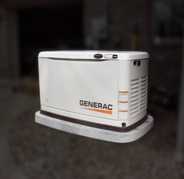 A home generac standby generator for service with a blurred house-work area image in the background