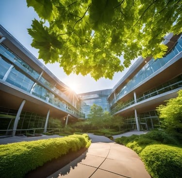 Moderne Klinik mit Innenhof, die offen für die Ärztevermittlung sind, Doc Connect