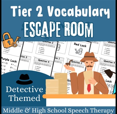 reads tier 2 vocabulary escape room with detective and padlock for speech therapy