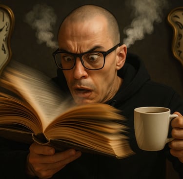Uomo che legge un libro a velocità surreale con pagine in rapido movimento, fumo che esce dalle orec