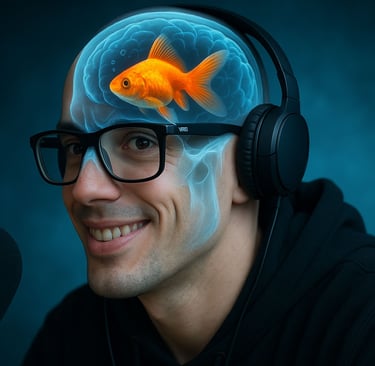 Ritratto surreale di un uomo sorridente con cuffie e occhiali, mostrato con effetto raggi X che rive