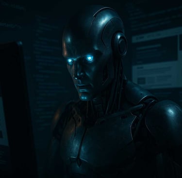 a robot with glowing eyes and a robot in the dark