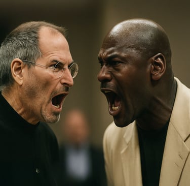 Steve Jobs e Michael Jordan che si urlano in faccia in una scena comica iper realistica, pensata per