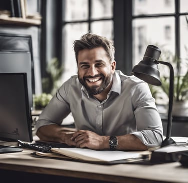 photo d'un homme, il est assis à son bureau et sourit
