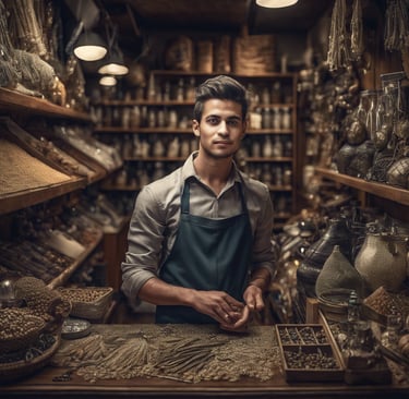 photo d'un homme d'une cinquantaire d'années, commercant, dans sa boutique 