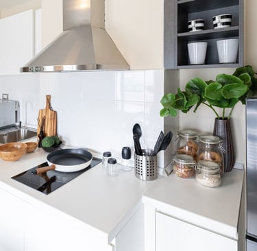 a kitchen with a stove top and a potted plant
