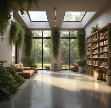 A modern building with a green roof is set against a backdrop of tall, lush evergreen trees. The architecture features angular lines and large glass windows, integrating the structure harmoniously with the surrounding natural landscape.