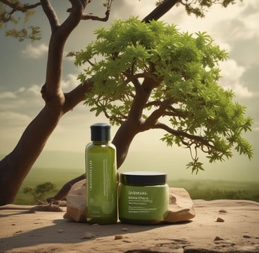 Two orange cosmetic products labeled 'Bioglow' are placed on a white, slightly wrinkled fabric with fresh green leaves and a white tulip resting beside them. The packaging is vibrant and stands out against the soft background.