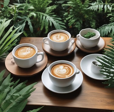three cups of coffees on round brown wooden stools