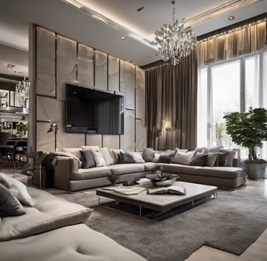 a living room with a couch and a chandelier